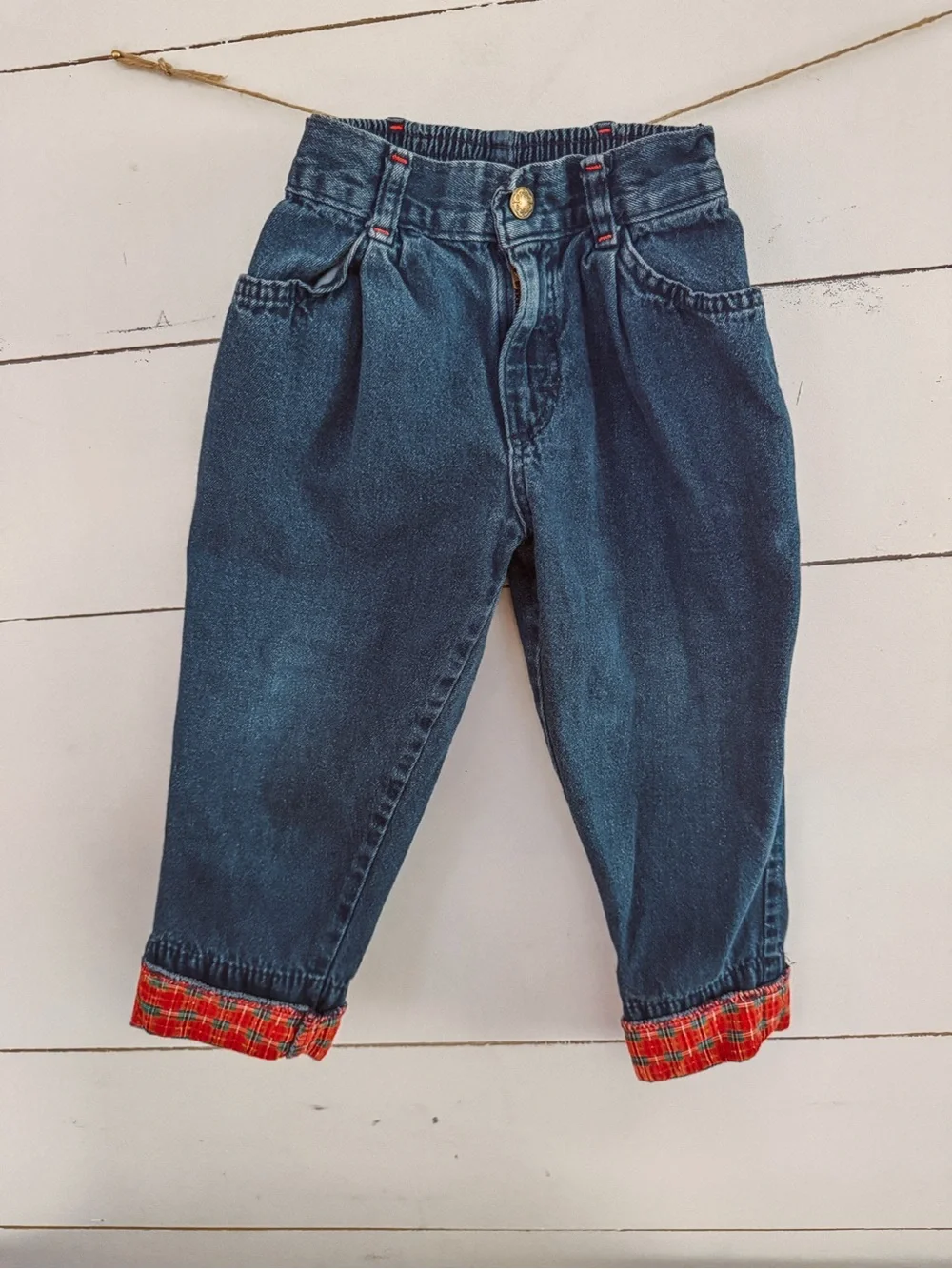 OshKosh B'gosh vintage Dark Blue Denim Jeans with Red Plaid Cuff